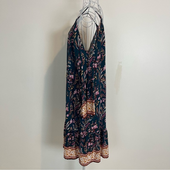 Boho green Floral print Cold Shoulder Dress bell sleeve tassel SZ XS/S/M viscose - Picture 3 of 8